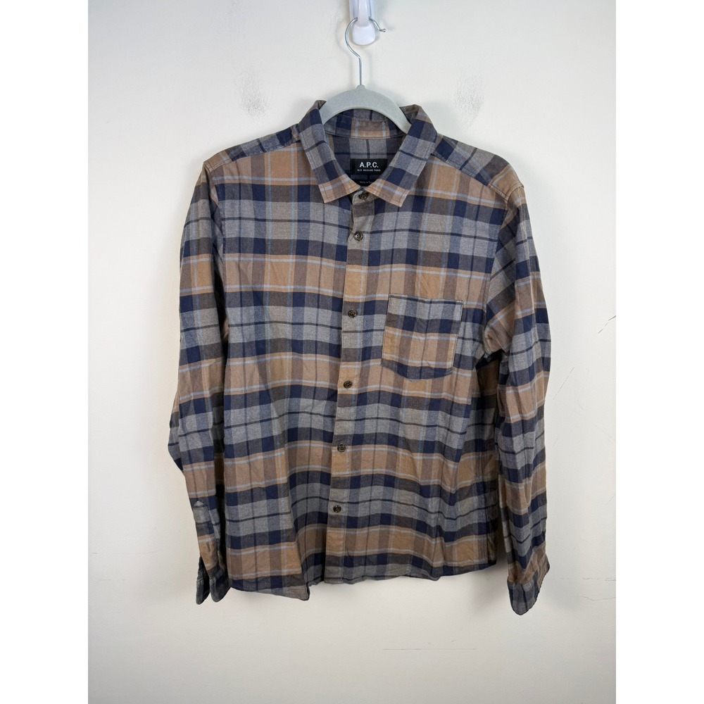 APC Rue Madame Paris Mens Medium Plaid Cotton Linen Button Up Shirt Tan Navy